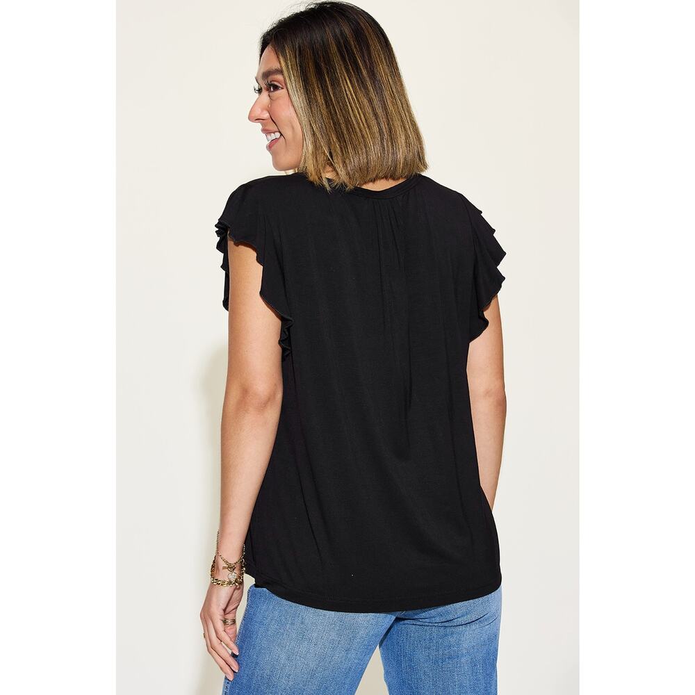 Basic Bae Plus Black Bamboo Notched V-Neck Ruffled Short Sleeve Top NEW 3XL - Picture 2 of 4